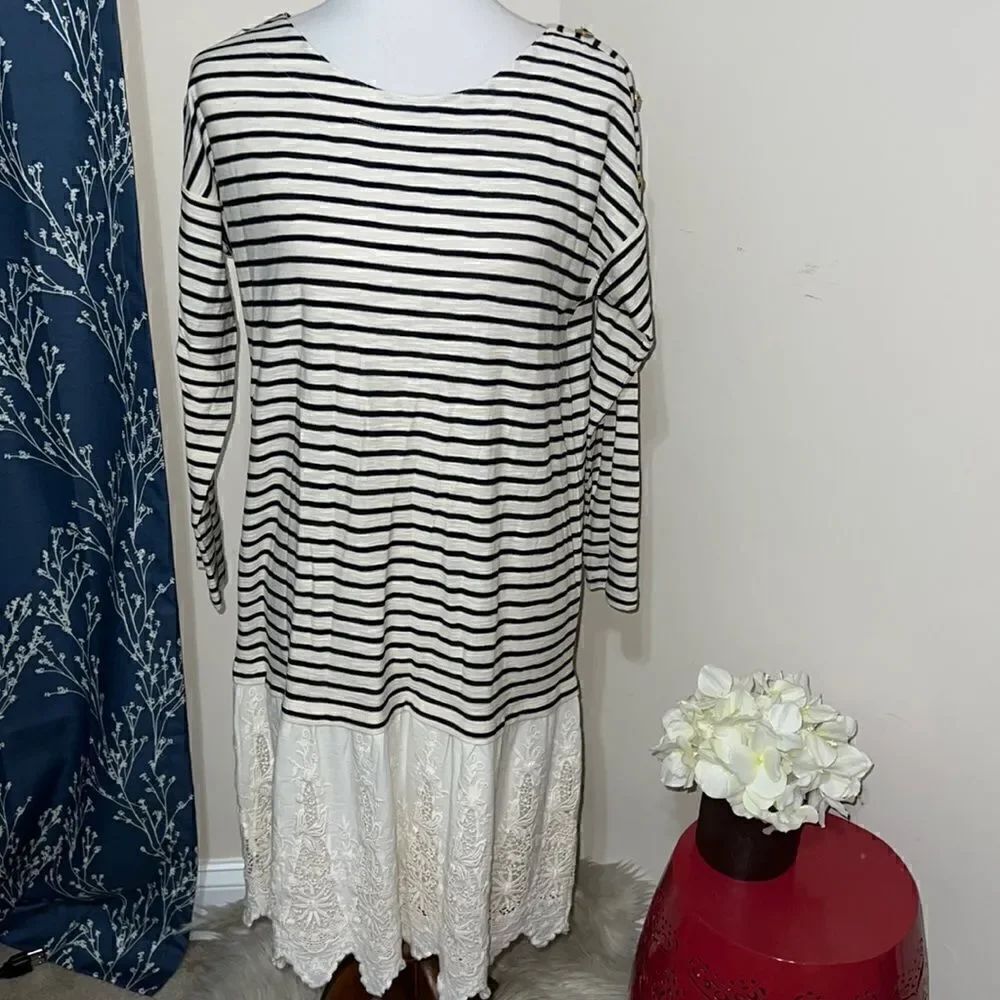 Soft Surroundings Nautical Left Bank Drop Waist Striped Dress Lace Trim sz S